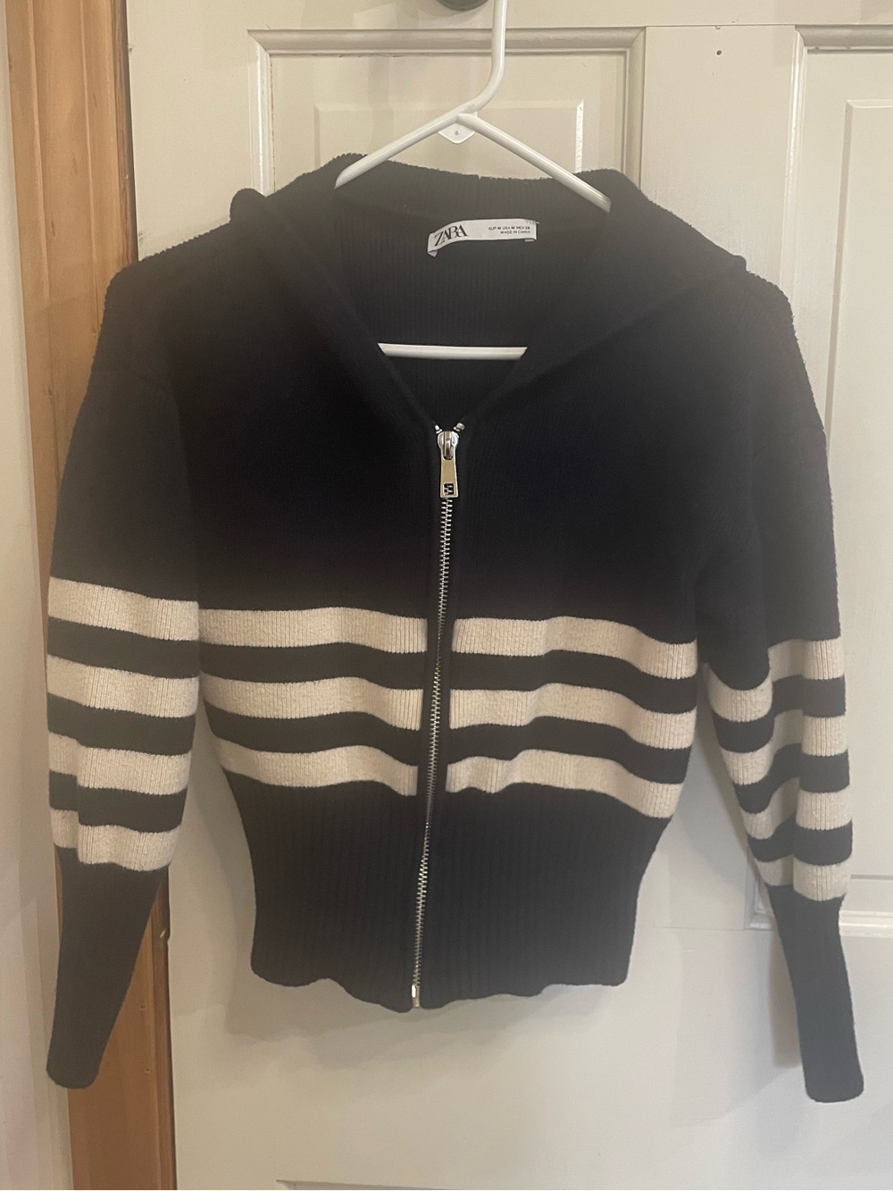 Zara Navy & Cream Striped Zip-Up Fold Over Sweater